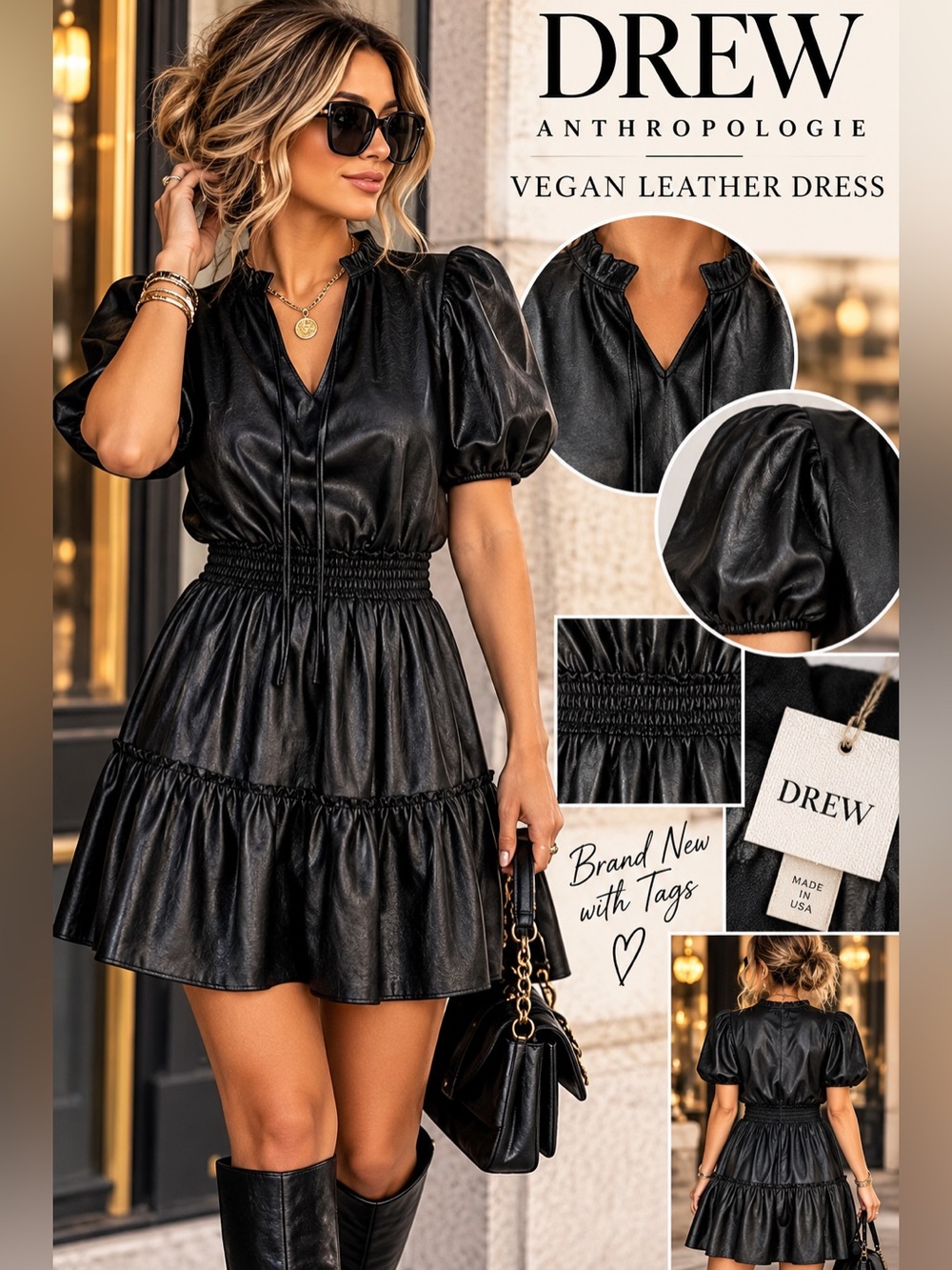 DREW Anthropologie Faux Leather Mini Dress Black Puff Sleeve Smocked Waist
